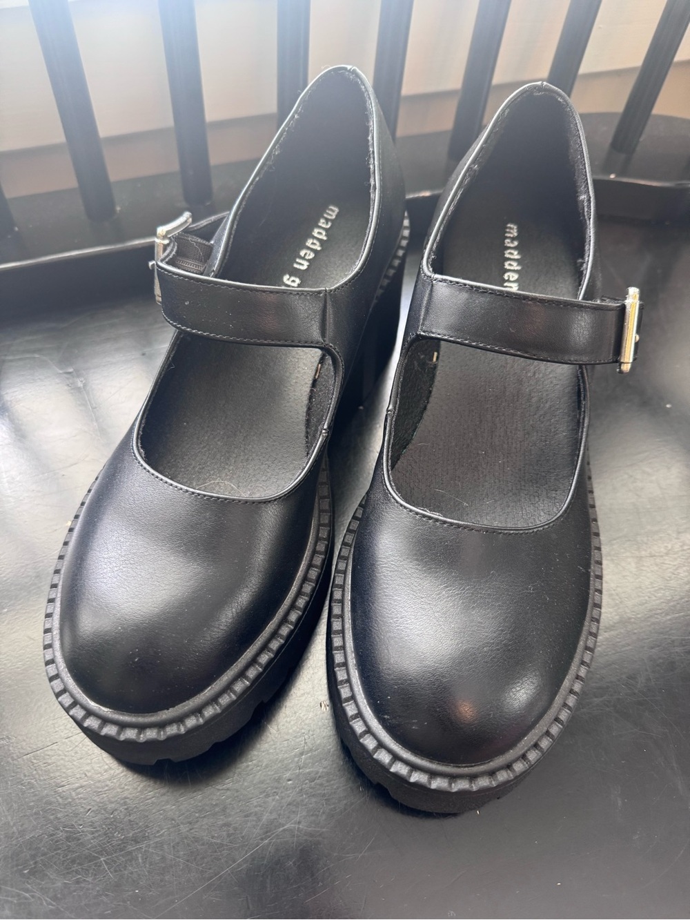 Madden Girl Black Mary Jane Platform Flats with Buckle Strap
